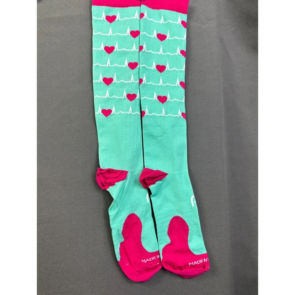 2 pairs Teal Pink EKG Heartbeat Compression Socks Knee High LG/XL Made in USA‎